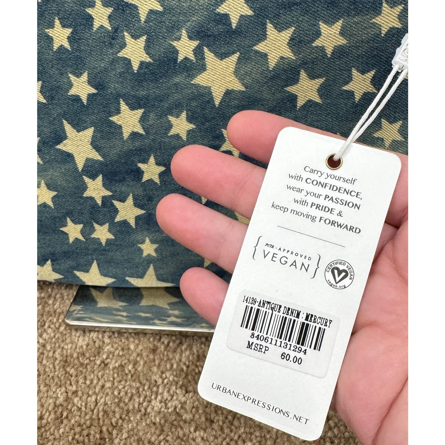 Borsa a tracolla Urban Expressions blu mercurio denim stampa stelle pochette catena nuova con etichetta