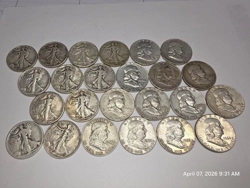 Lot Of 24 90% Silver Walking Liberty Half Dollars/Franklin Half Dollars Mixed Yr