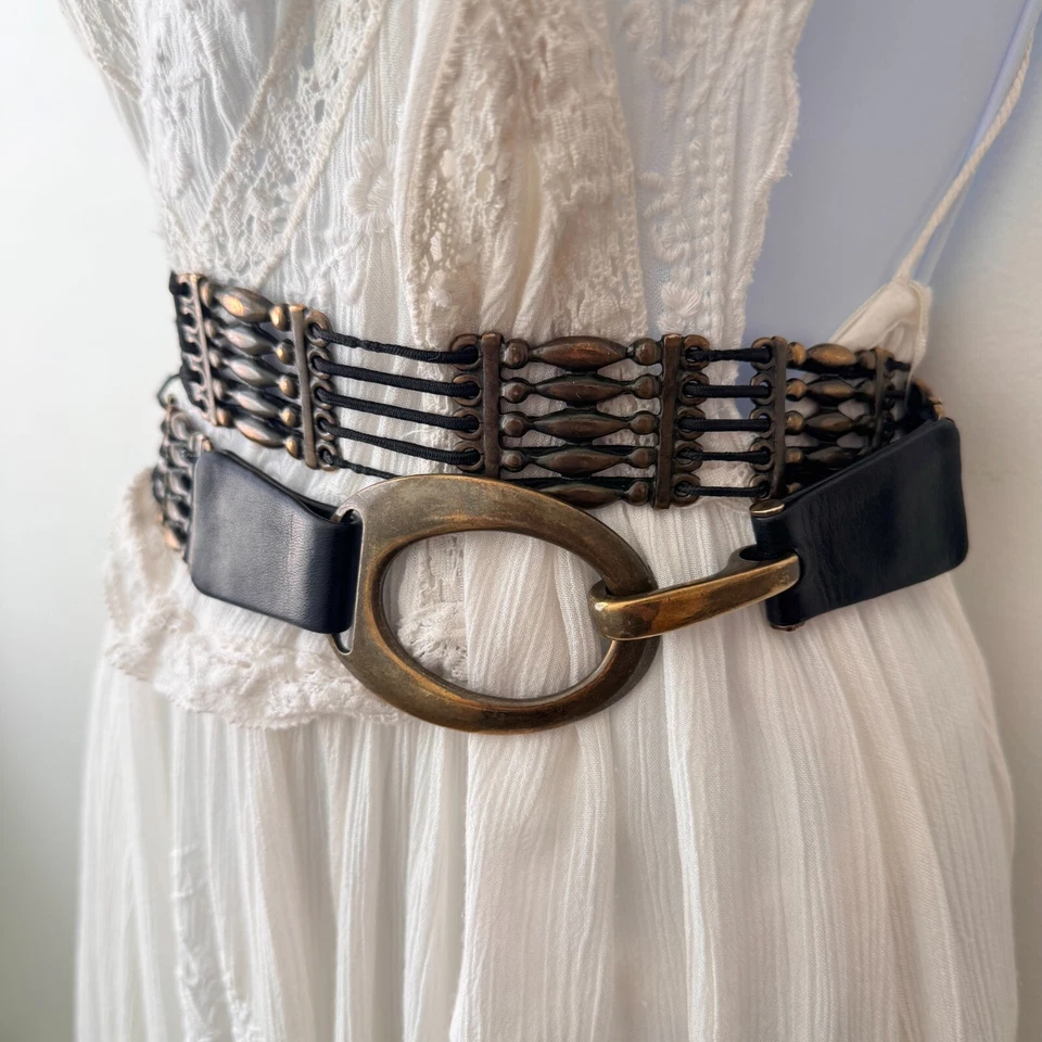 Suzi Roher Canada Bronze Black Leather Elastic Hook Loop Belt Designer Stretch - Image 2 of 4