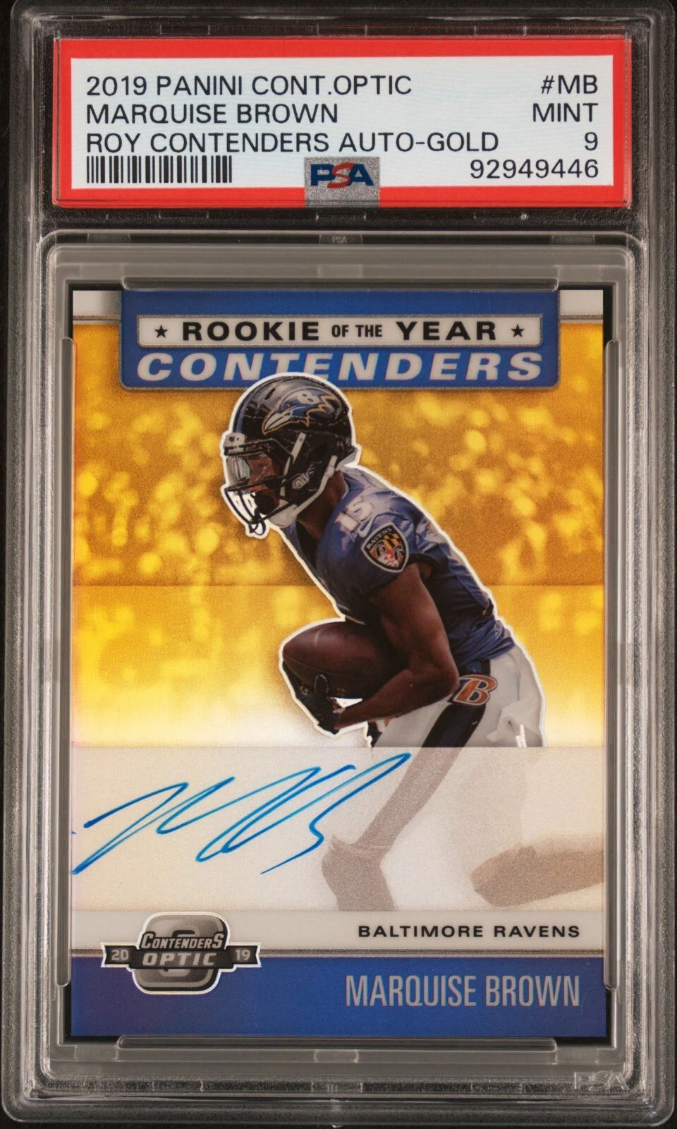 Marquise Brown Panini Contenders Optic Rookie of the Year Contenders Autographs #MB Gold