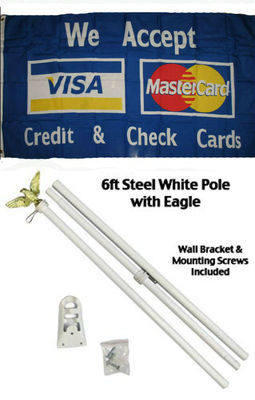3x5 Advertising We Accept Credit & Check Cards Flag White Pole Kit Set 3'x5'