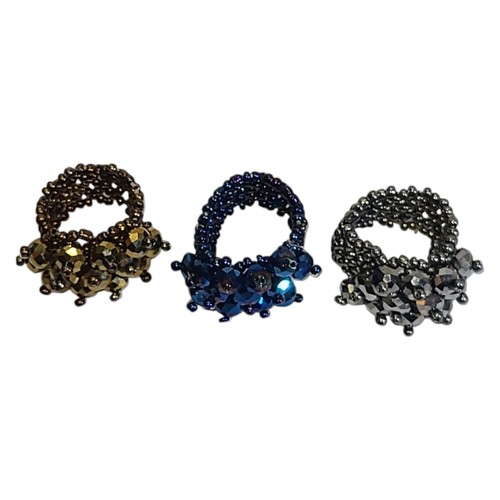 3er Set Kristall Perlen Stretch Ringe Blau Gold & Silber Töne