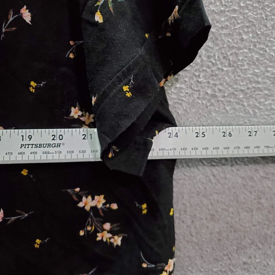 Buffalo Women Top XL Black Floral Blouse Front Tie Round Neck Keyhole - Image 3 of 4