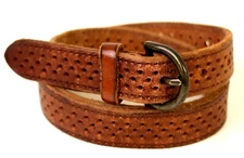 CLASSIC BROWN GENUINE LEATHER 7/8"Wd CUT OUT WOMEN'S SKINNY DRESS BELT Sz L (X42