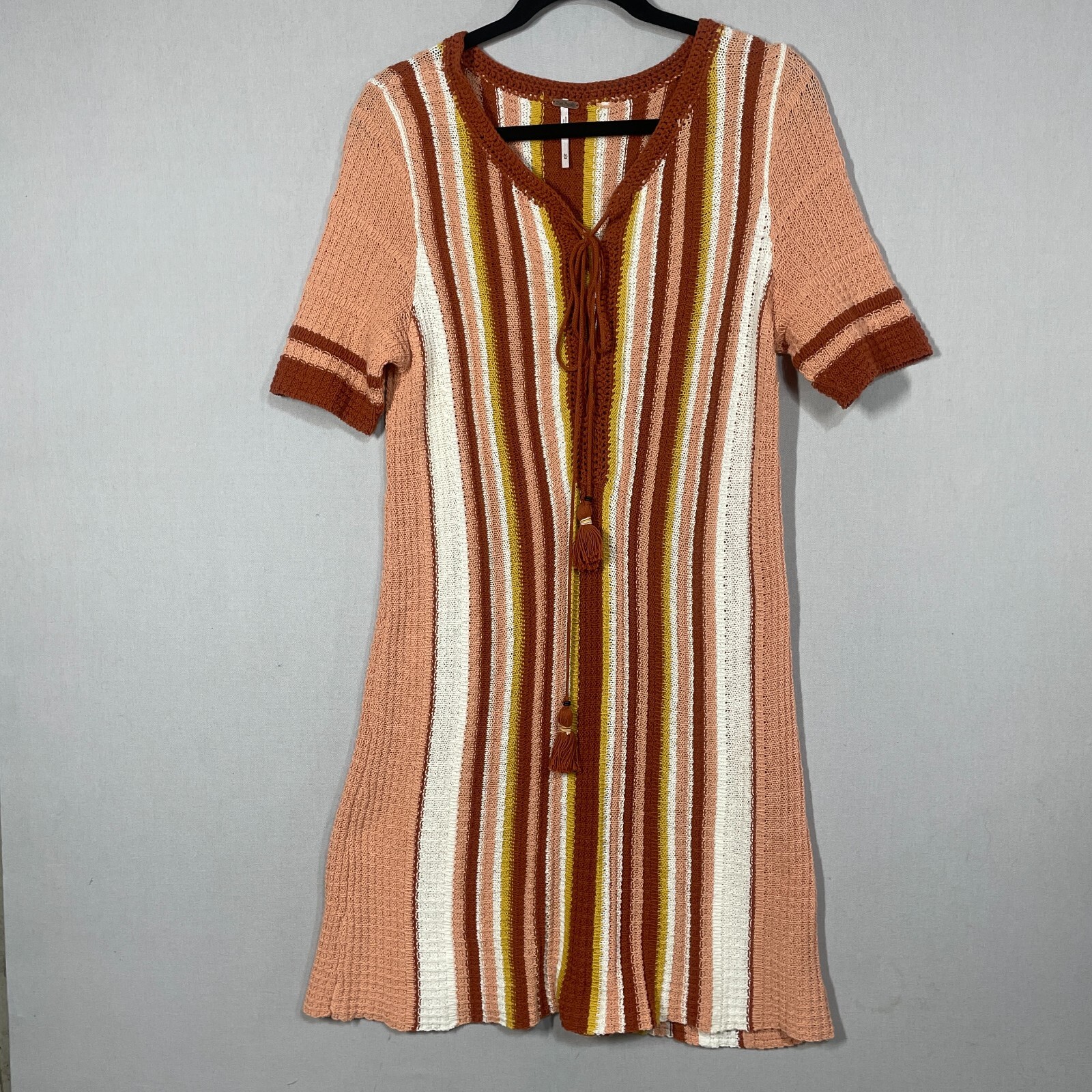 Free People Dress Women M Beige Striped Tunic Shift Boho Knit Midi Resort Casual