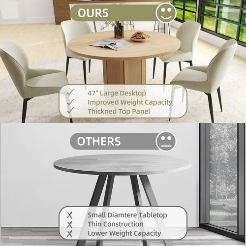 47" Round Dining Table 4 People Kitchen Living Room Rattan Beige Pedestal Legs - Picture 5 of 11