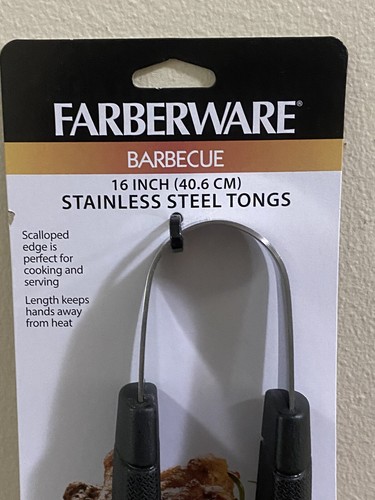 Farberware New Barbecue 16"Stainless Steel Tongs Scallloped Edge Black Handles - Picture 3 of 7
