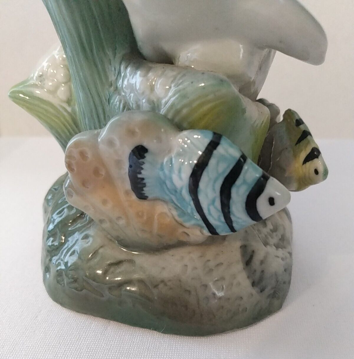 Dolphins Zebra fish Swimming Around Sea Grass on Coral Reef Ceramic Figurine