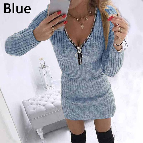 Women Sexy Slim Knitting Dress V Neck Zipper Sweatshirt Mini Dresses Casual Top - Picture 11 of 12