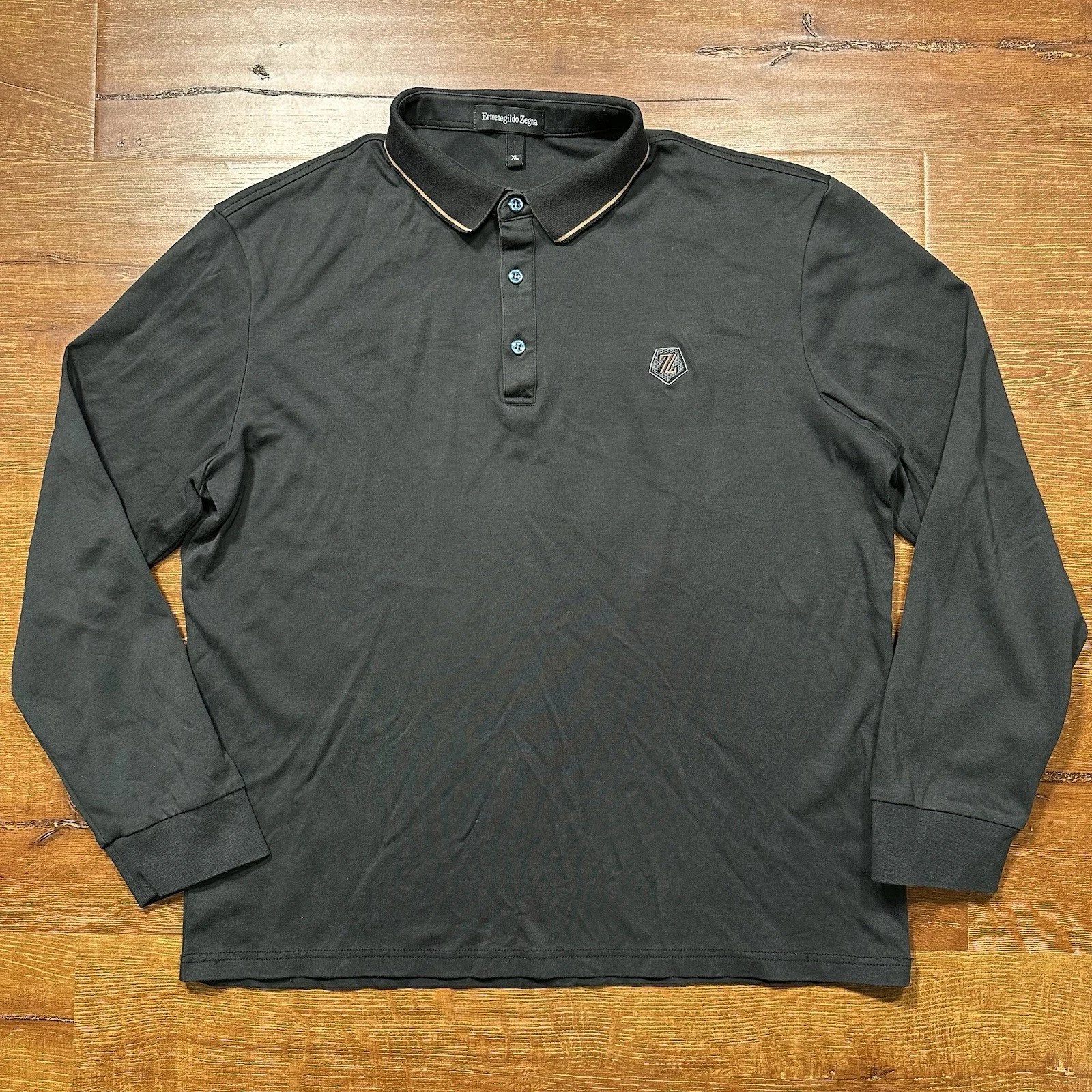 Ermenegildo Zegna Polo Shirt Men L Black Long Sleeve Logo Italy Quiet Luxury