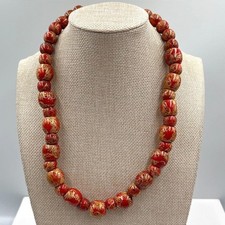 Vintage Red Wooden Bead Necklace Hand Painted Floral Boho Statement Jewelry 20"