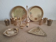 Lot Ancien Service Décoratif Laiton Gravé Main - Bel État