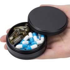 Pill Box 2 Compartment Pill Case - Portable Metal Travel Pill Container for P...