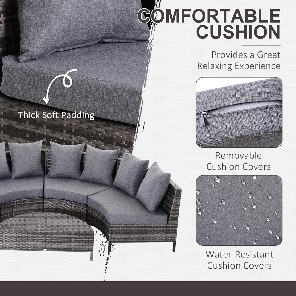 Garden Rattan Furniture 4 Seaters Half-round Patio Outdoor Sofa & Table - Grey - Image 4 of 4
