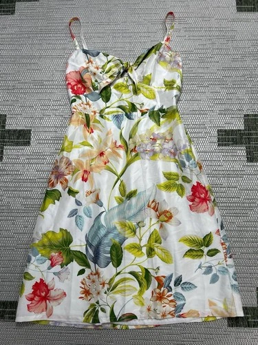 Tommy Bahama Dress Womens Small White Green Blue Red Floral Satin Silk Blouson
