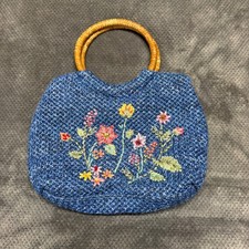Boho Blue Woven Straw Floral Embroidered Handbag with Bamboo Top Handles