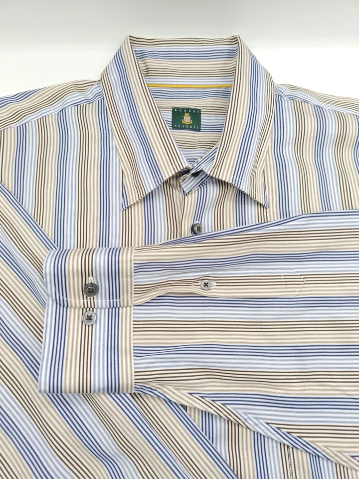 🇺🇲 Robert Talbott Men's 2XL 18.5x34 Brown Blue Stripe Hidden Button Down Shirt - Image 2 of 4
