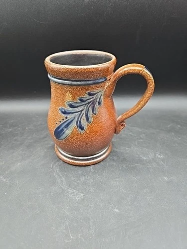 Vintage Rowe Pottery Works Ash Brown Glazed Mug w/Blue Flower 5 1/2" Provincial