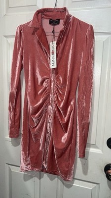 MinkPink pink velvet midi dress with button-up front and ruched detail #velvet