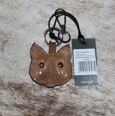 Myra Bag #13509 Cat Key Fob Ring Charm 2'' x 2''~Hairon Suede Leather Gold Flecks