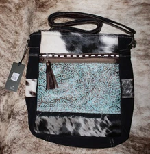 Myra Bag 4762 Embossed Leather, Hairon, Canvas 10"x3.5"x13" Shoulder Bag~Pockets