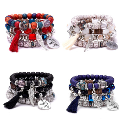Armband Damen Mehrlagig Boho Naturstein Kristall Armreif Perlen Schmuck 4 Stück