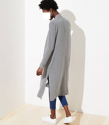 Ann Taylor Loft ~ STRIPED POCKET DUSTER SWEATER ~ Lt Heather Grey ~ Small ~ NWT - Picture 2 of 3
