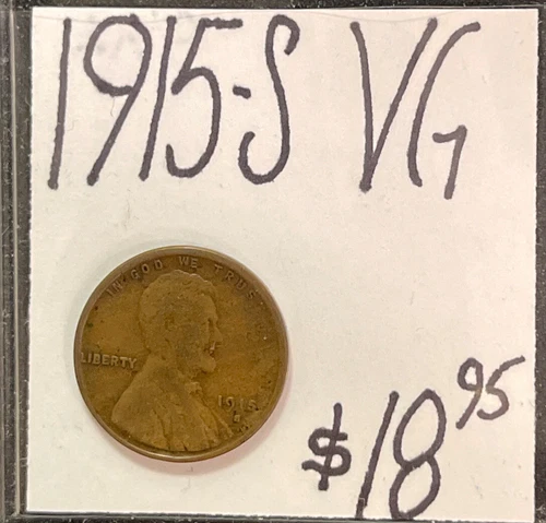 1915-S Lincoln Wheat Cent Penny (VG) Very Good Condition ENN Coin & Cards