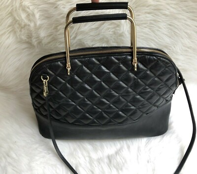RARE!!! Zara City Bag Leather Quilted With Metal Handles in Black