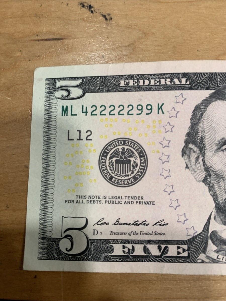 2013 5 dollar bill Fancy Serial Number True Quintuple Two's