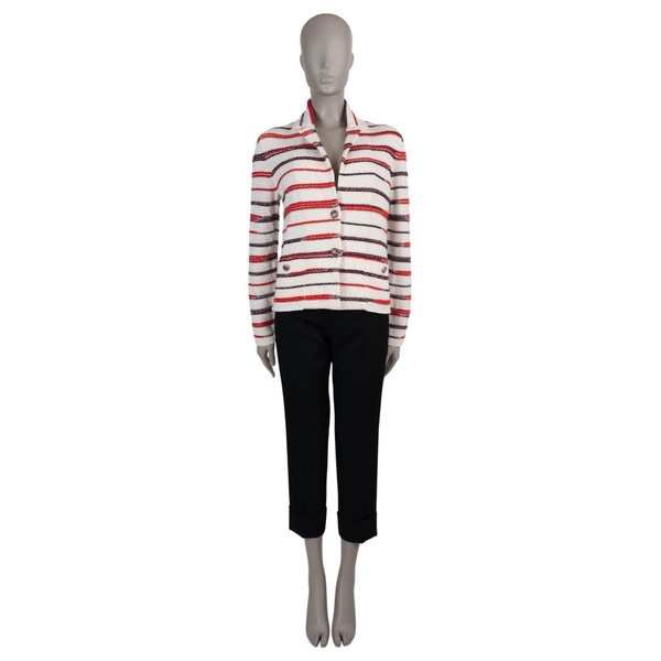 71643 authentische CHANEL weiß rot blau Kaschmir 20S GESTREIFTE STRICKJACKE 38 S