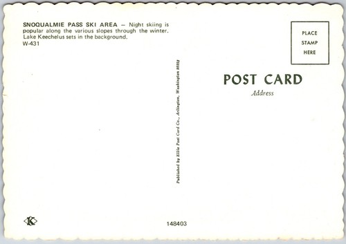 Snoqualmie Pass Ski Area Night Skiing Lake Keechelus Washington Snow Postcard - 第 2/2 張圖片