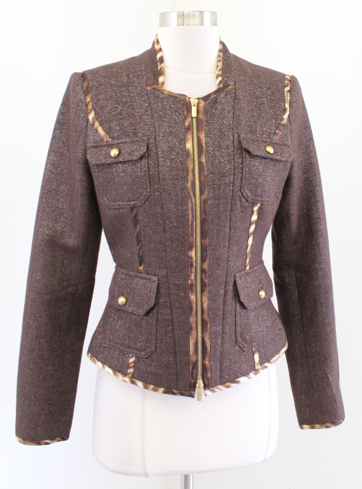 Cache Brown Shimmer Herringbone Wool Zip Front Ja… - image 1