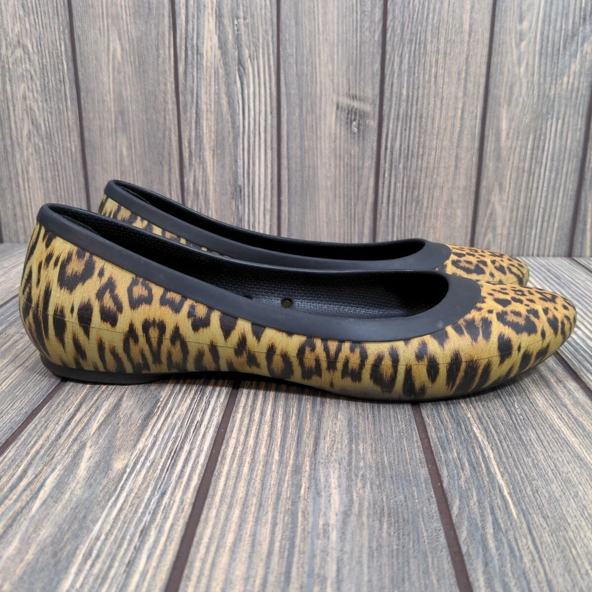 CROCS Womens Lina Graphic Leopard Print Black Slip On Dress Casual Flats Size 9
