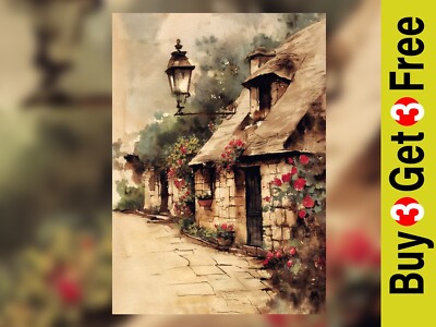 Cottage Path Aquarell 5''x7'' Druck auf mattem Papier | Rustikale Rosenszene