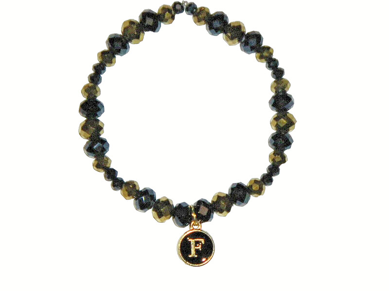 INITIAL "F" CHARM (BLACK) BEADED BRACELET (7 3/4"):  HAND-MADE JEWELRY BY T.L.C.