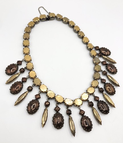 Collana Vintage Firmata A Scaasi Bronzo Vetro Pirite Festone Bavaglino Charm Goccia Rara - Foto 7 di 9