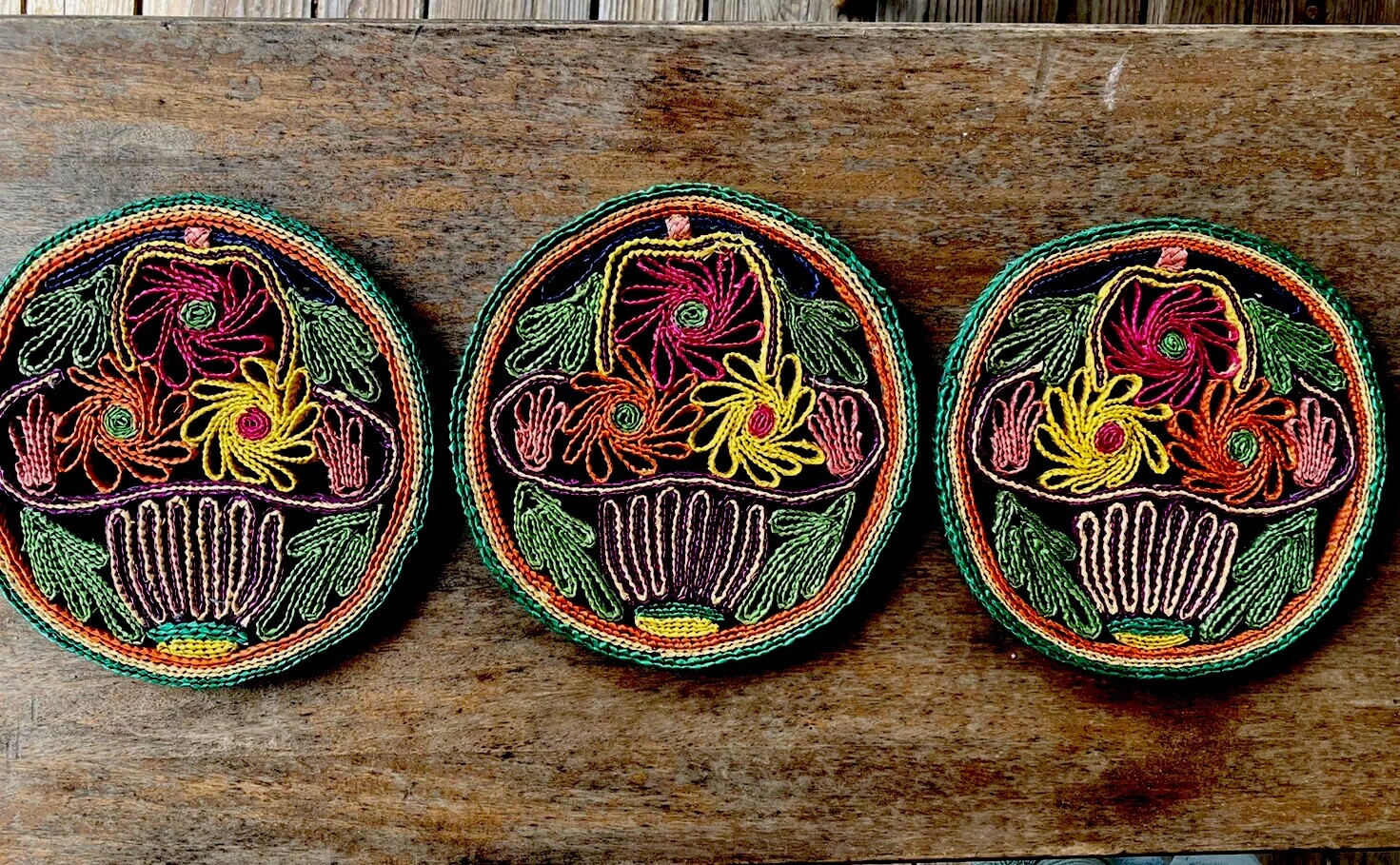 Mexican Round Straw Rattan Trivets Table Protectors 7" Set 3 Flower Basket NEW - second product detail image