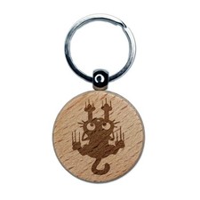 Cartoon Cat Clawing Scratching Dragging Down Engraved Wood Round Keychain Tag