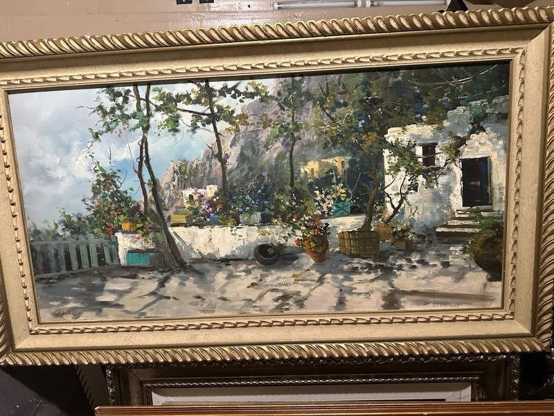 Italian Capri Oil Painting & Dan Campanelli Groundhog Lock Art Lot 46X26 & 41X31