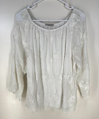 Viola Borghi Silk Blend Top 3/4 Sheer Sleeve Ivory 1X Made in Italy Fairy Boho