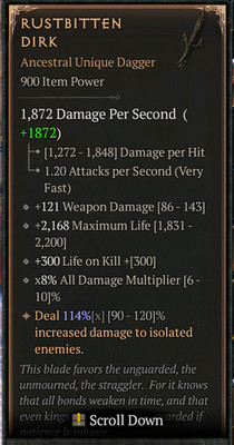   DIABLO 4 SEASON 13   Rustbitten Dirk   Ancestral Unique Dagger  