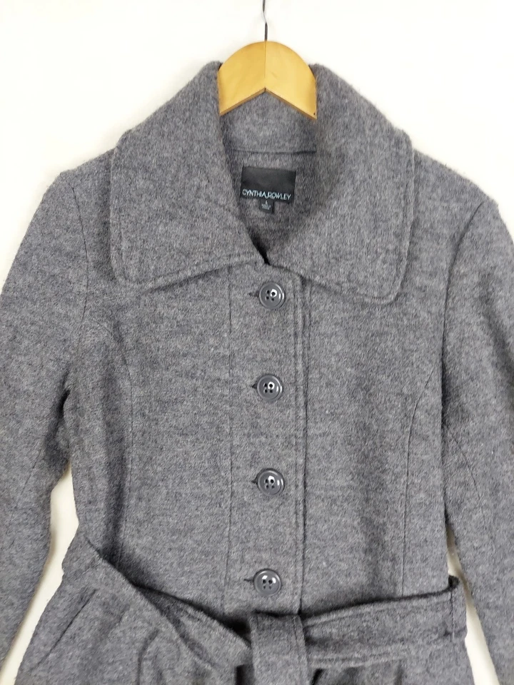 Abrigo para mujer Cynthia Rowley grande gris mezcla de lana en capas volantes cinturón invierno Foto 2 de 4
