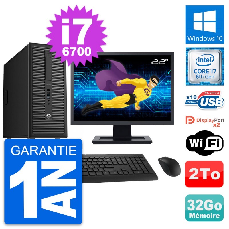 PC Tour HP 800 G2 Ecran 22" Intel i7-6700 RAM 32Go Disque Dur 2To Windows 10 Wif