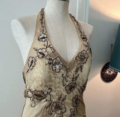 Abito formale vintage anni 90 cache perline pizzo seta beige US 2 4 matrimonio lungo - Foto 7 di 13