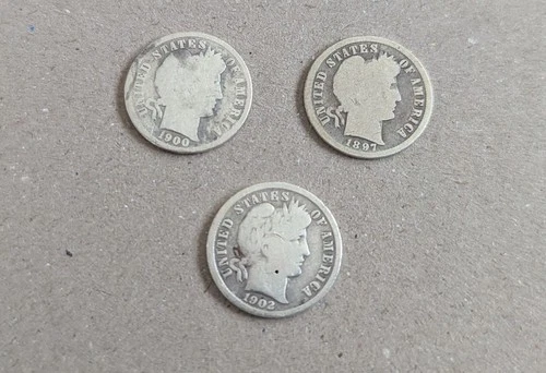 US Coins Three Barber Head Dimes. 1-1897, 1-1900, 1-1902.
