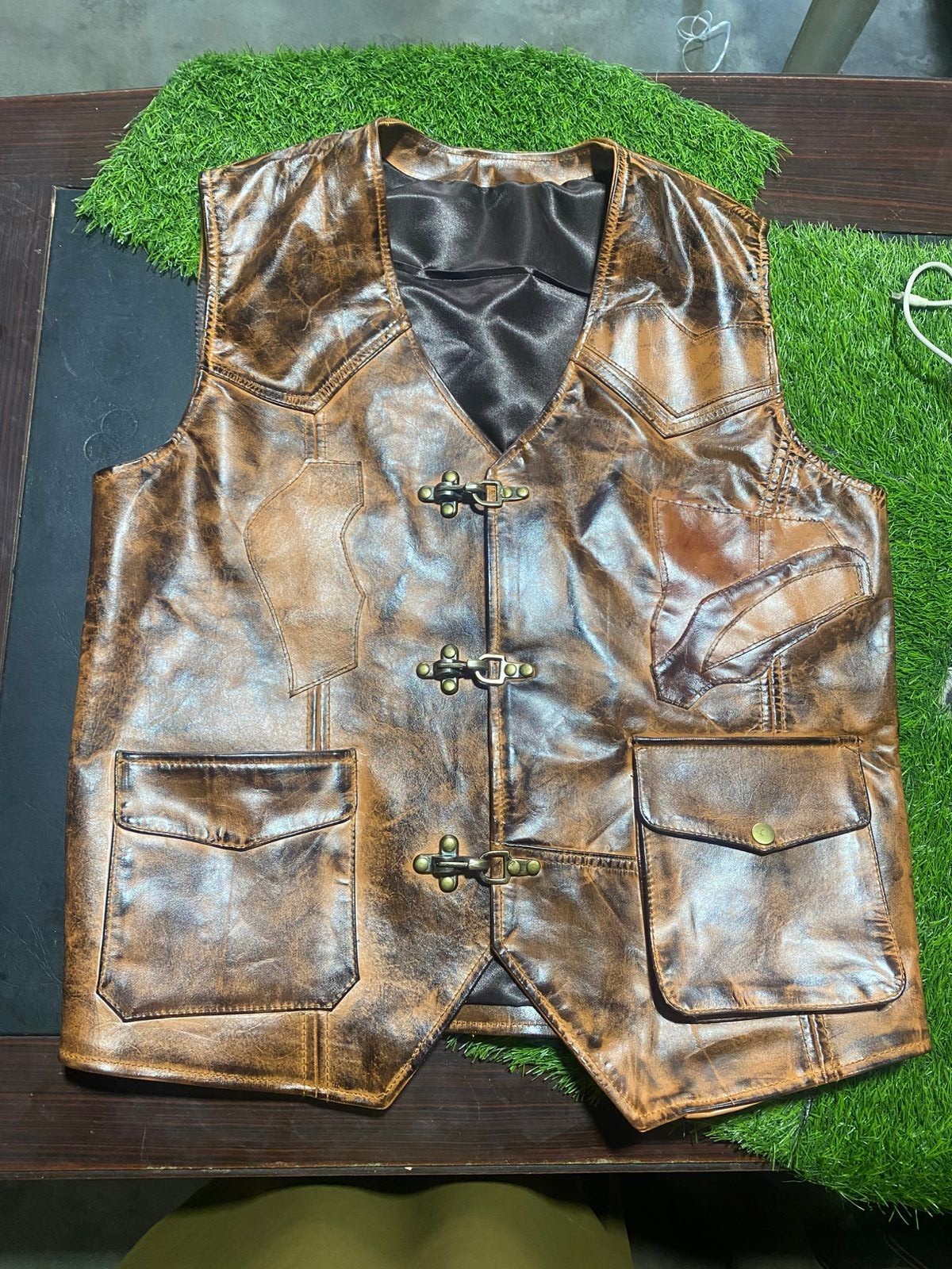 Mens Distressed Brown Leather Biker Vest Gothic Cross Buckle Steampunk Western