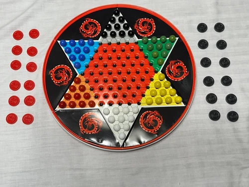 VINTAGE OHIO ART CHINESE CHECKERS WITH GLASS MARBLES AND CHECKERS