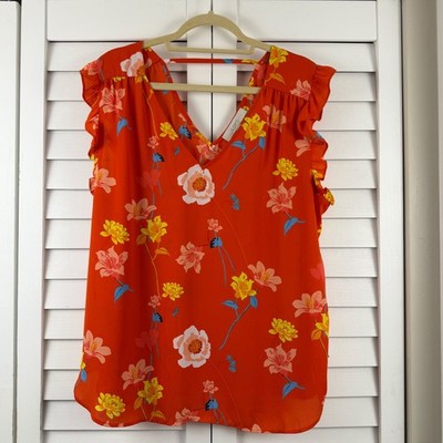 Loft Floral Blouse Women XXL Orange Flutter Sleeve V-Neck Strappy Back