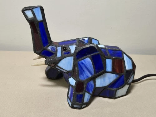 Vintage Elephant Table Lamp Tiffany Style Stained Glass Night Light